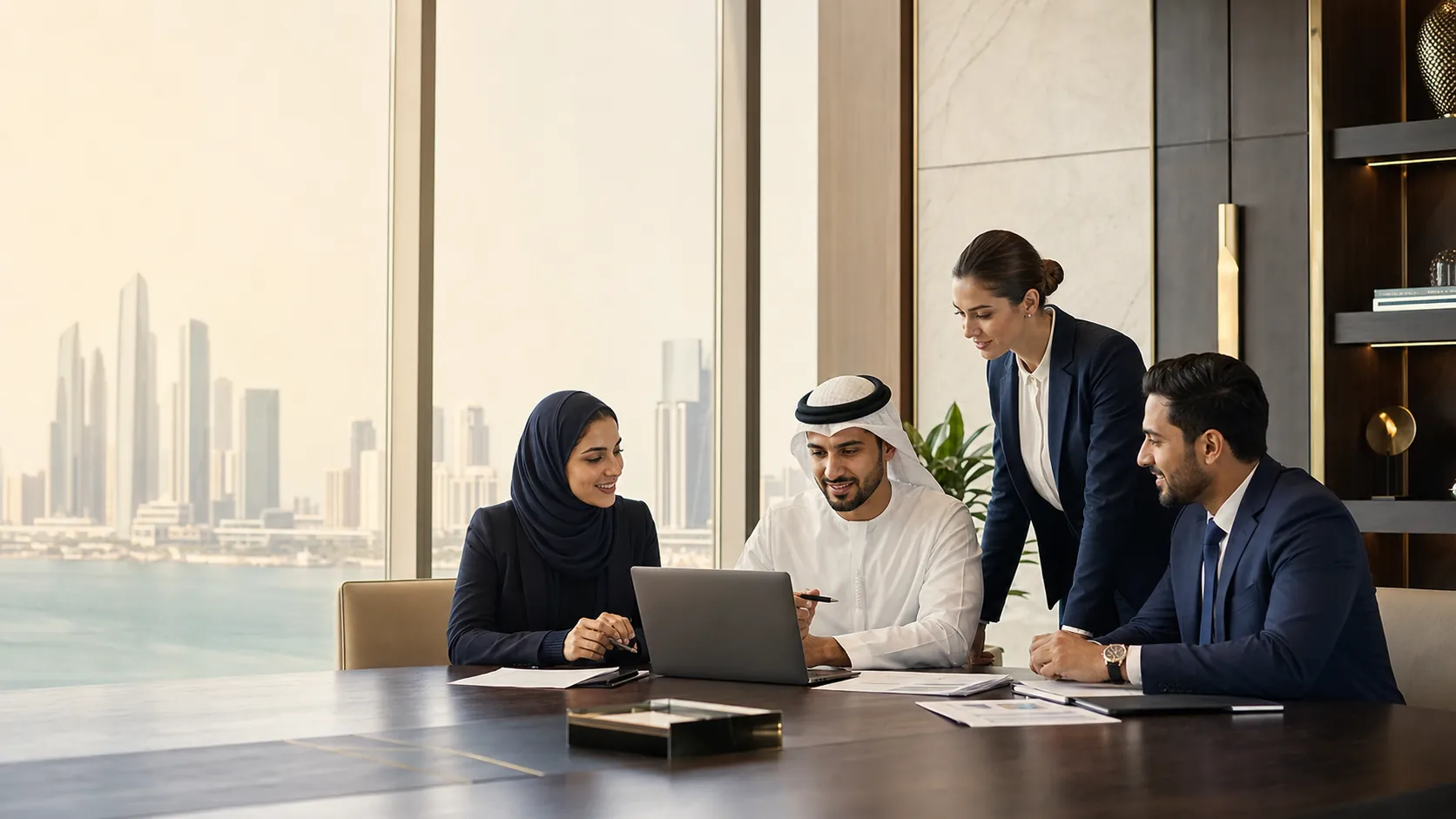 A professional corporate advisory team collaborating in a modern UAE office