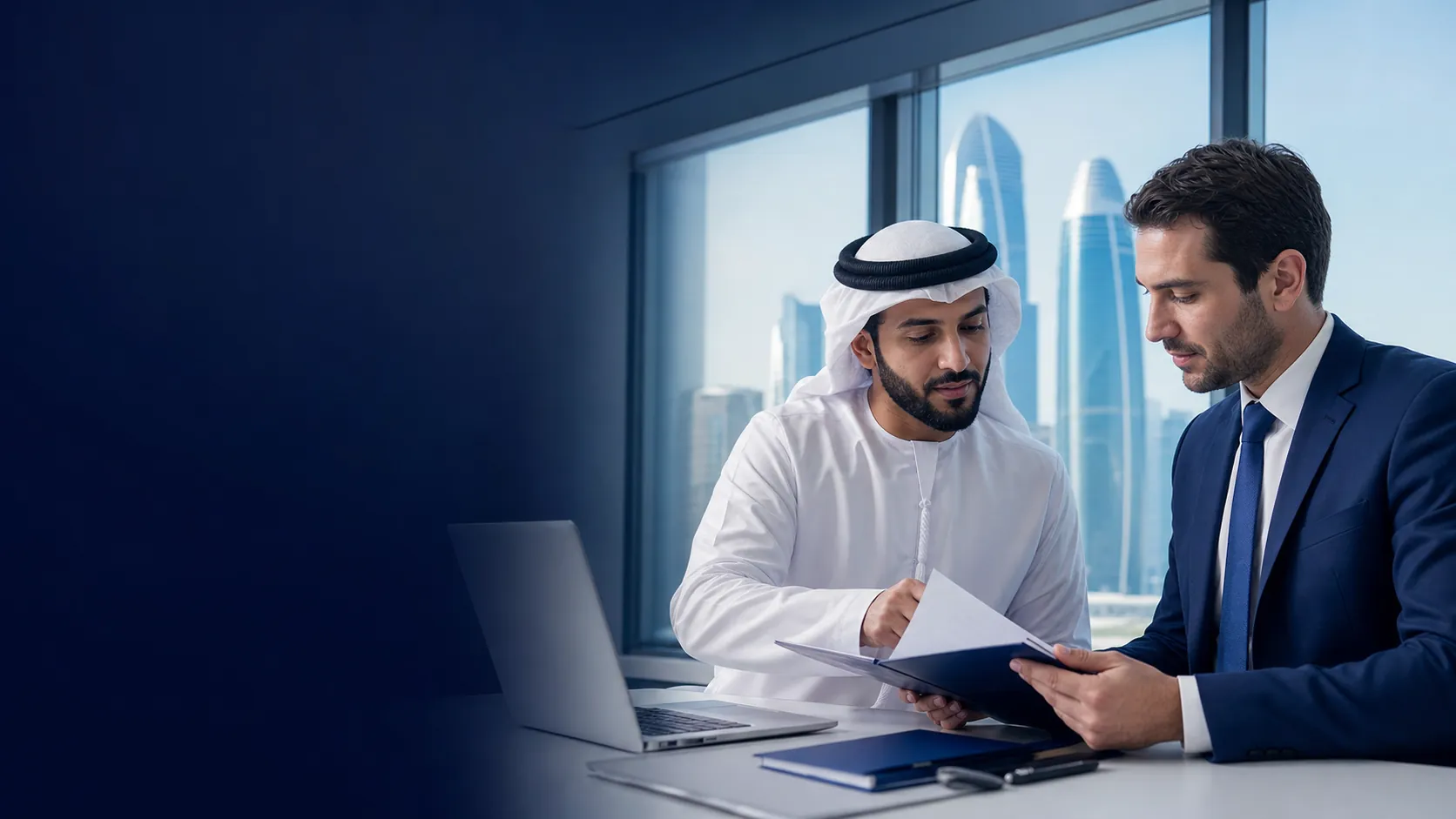 UAE entrepreneur reviewing company formation documents with a corporate advisor